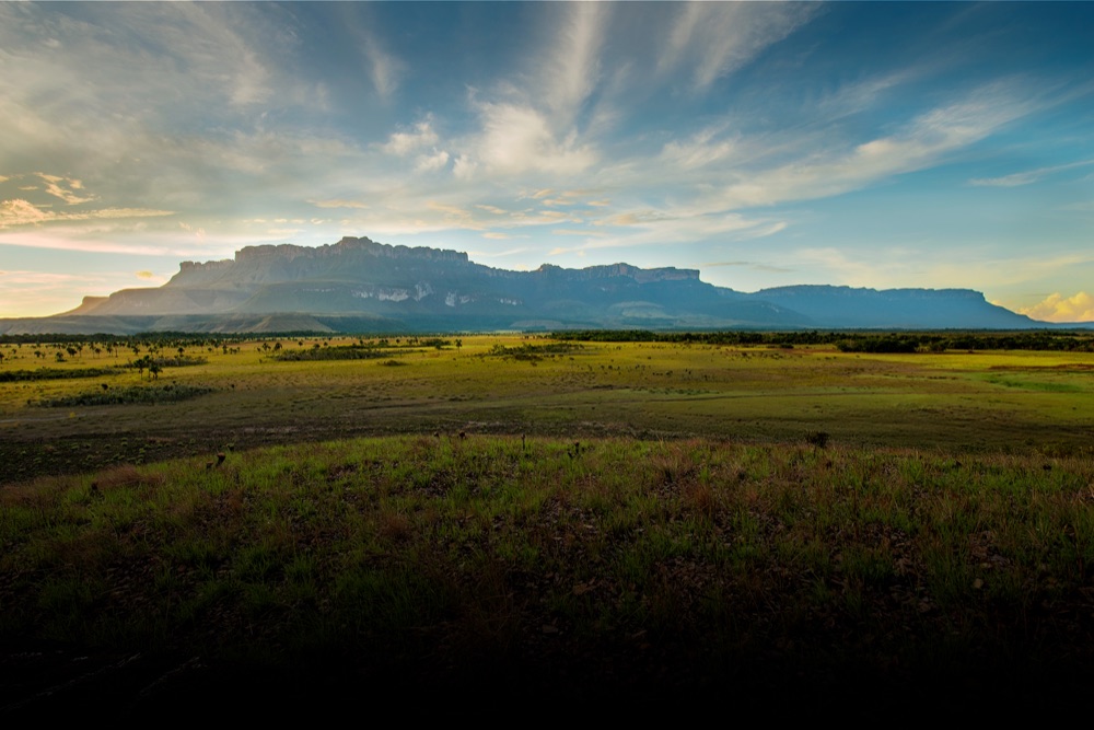 Auyán-tepui rising across the savanna at golden hour