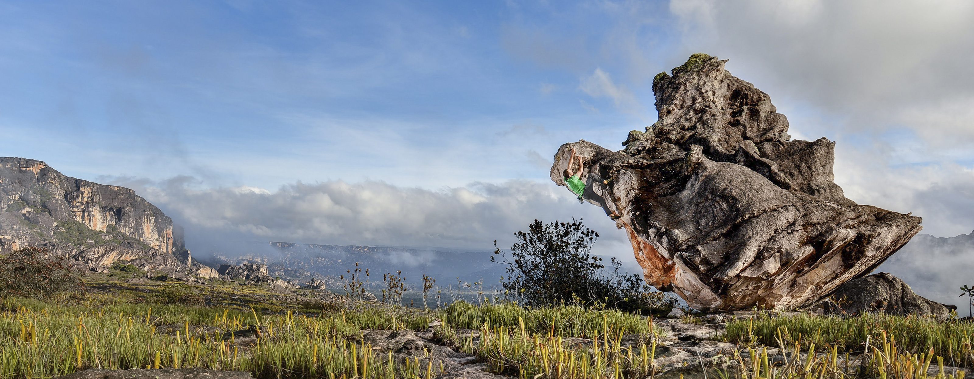 A lone figure on the summit plateau of Auyán-tepui above a sea of cloud