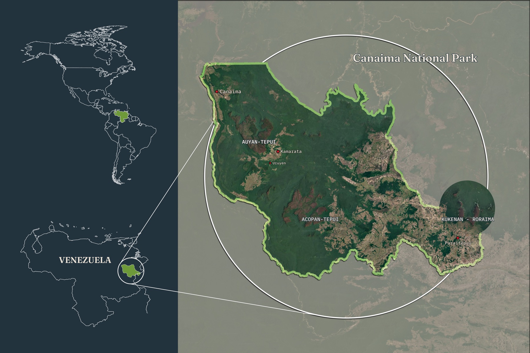 Illustrated map of Canaima National Park and the Tepuis, Venezuela
